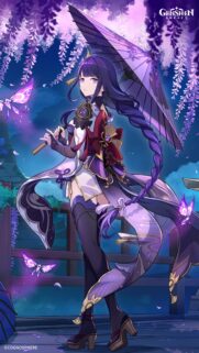 Raiden Shogun Genshin Impact Aesthetic Wallpaper with Wisteria Flowers and Magical Butterflies