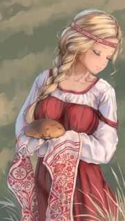 Beautiful Anime Girl in Slavic Folk Attire Holding Bread Wallpaper