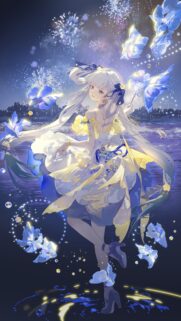 Beautiful Anime Girl in Yellow and White Dress with Glowing Flowers Wallpaper