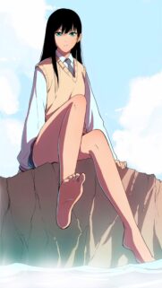 Beautiful Anime Schoolgirl Sitting on a Cliffside Mobile Wallpaper