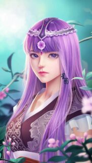 Stunning Anime Girl with Long Purple Hair and Floral Headpiece Wallpaper