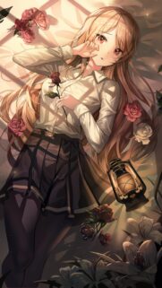 Sad Anime Girl Crying with Red Roses and Lantern Aesthetic Mobile Wallpaper