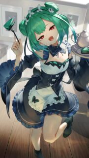 Cute Anime Maid with Green Hair Holding Cake Wallpaper 4K