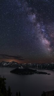 Stunning Milky Way Galaxy Over Crater Lake Night Sky Wallpaper