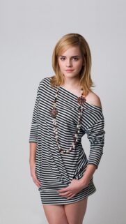 Stunning Emma Watson Portrait in Striped Dress Mobile Wallpaper