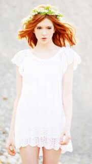 Beautiful Redhead Girl with Floral Crown in White Lace Dress Wallpaper