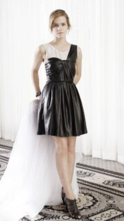 Stunning Emma Watson in Chic Black Leather Dress Mobile Wallpaper