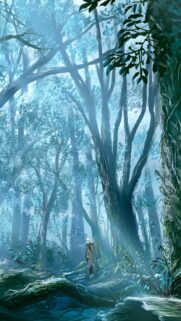 Anime Boy Walking in Mystical Blue Forest Mobile Wallpaper