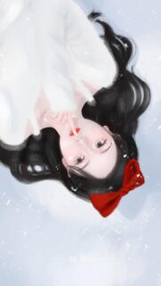 Beautiful Anime Girl with Red Bow in Snow Digital Art Wallpaper