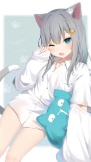 Cute Anime Girl with Cat Ears and Teal Blue Eye Wallpaper for Mobile