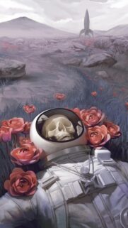 Surreal Astronaut Skull with Red Roses Artistic Mobile Wallpaper