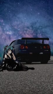 Anime Girl with Nissan Skyline GTR R34 Under Starry Night Sky Wallpaper