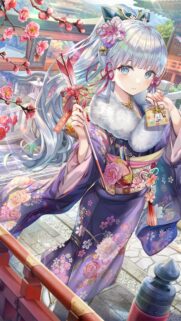 Beautiful Anime Girl in Traditional Kimono at Shrine Wallpaper for Mobile