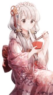 Beautiful Anime Girl in Traditional Pink Kimono Eating Ramen Wallpaper