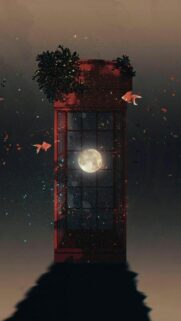 Surreal Red Phone Booth with Floating Goldfish and Full Moon Wallpaper