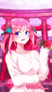 Nino Nakano Aesthetic Anime Wallpaper with Torii Gate and Rose Background