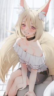 Cute Anime Fox Girl With Blonde Hair and Pink Eyes Mobile Wallpaper