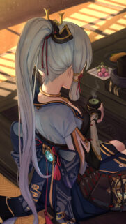 Ayaka Kamisato Relaxing with Tea Anime Wallpaper in High Definition