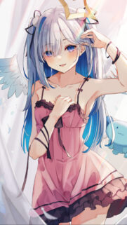 Beautiful Anime Angel Girl with Blue Hair and Pink Dress Mobile Wallpaper