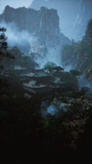 Misty Mountain Monastery Landscape Wallpaper in Cinematic Dark Fantasy Style