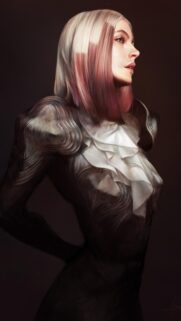 Elegant Digital Portrait of a Woman with Pink Highlights and Victorian Ruffles Wallpaper