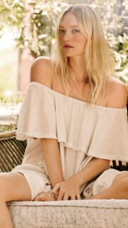 Stunning Blonde Woman in Off Shoulder Linen Dress Portrait Wallpaper