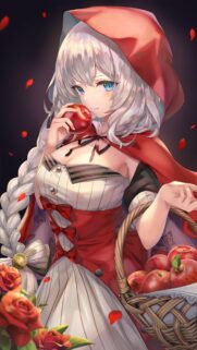 Anime Red Riding Hood Girl with Apples High Quality Mobile Wallpaper