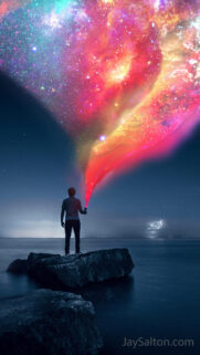 Surreal Man Holding Magical Galaxy Nebula Light Over Ocean Wallpaper