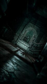 Eerie Gothic Mansion Hallway with Haunted Window View High Resolution Wallpaper