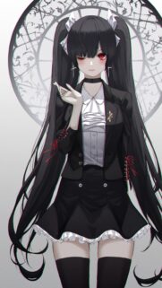 Gothic Anime Girl with Red Eyes in Elegant School Uniform Wallpaper