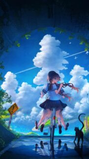 Anime Girl Riding Bicycle Under Summer Sky Wallpaper 4K