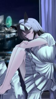 Anime Girl with Cat Ears in White Dress Night City View Wallpaper