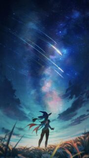 Anime Witch Gazing at Starry Night Sky with Falling Meteors Wallpaper