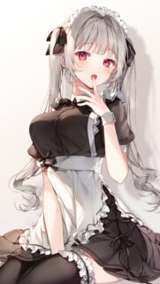 Anime Maid Girl with Silver Hair and Pink Eyes Mobile Wallpaper