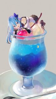 Cute Anime Girl Inside a Sparkling Blue Soda Glass Wallpaper