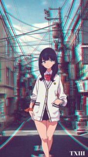 Anime Girl in Japanese Street Glitch Aesthetic Wallpaper 4K
