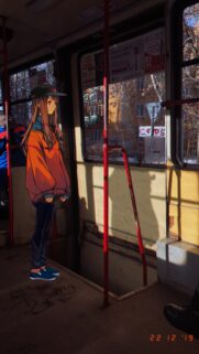 Anime Girl Standing on Public Transport Urban Aesthetic Wallpaper