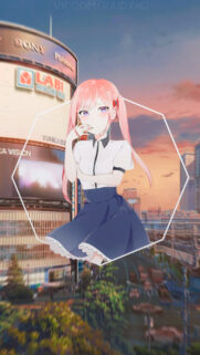 Cute Anime Girl with Pink Hair in Tokyo City Sunset Wallpaper 4K