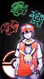 Red Ketchum and Starter Pokemon Neon Art Mobile Wallpaper