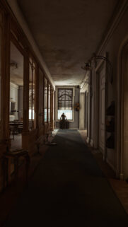 Cinematic Vintage Office Hallway with Man Looking Out Window Wallpaper