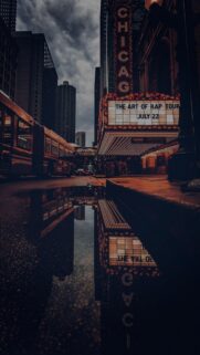 Chicago Theatre Night Rain Reflection Aesthetic Phone Wallpaper