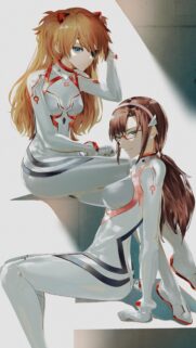 Asuka Langley and Mari Makinami Illustrative Anime Wallpaper in White Plugsuits