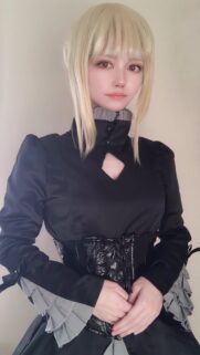Beautiful Blonde Anime Girl Cosplay in Elegant Gothic Black Dress Wallpaper