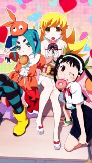 Monogatari Series Anime Girls Eating Donuts High Resolution Wallpaper