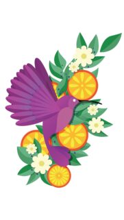 Vibrant Purple Hummingbird and Citrus Fruit Vector Art Wallpaper