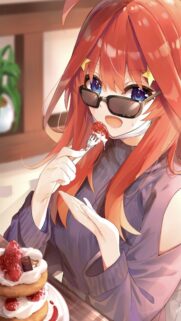 Anime Girl With Red Hair Eating Strawberry Cake Aesthetic Wallpaper