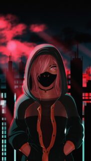 Anime Girl in Hoodie Urban Neon City Night Wallpaper for Mobile
