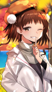 Cute Anime Girl Winking in Santa Hat Sunset Wallpaper for Mobile