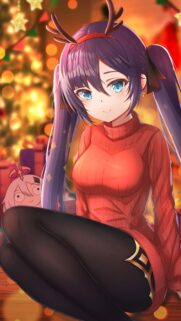 Cute Anime Girl Christmas Reindeer Outfit Wallpaper 4K