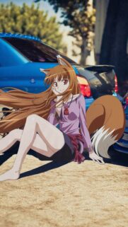 Holo The Wise Wolf Spice and Wolf Anime Girl with Blue Sports Car Wallpaper